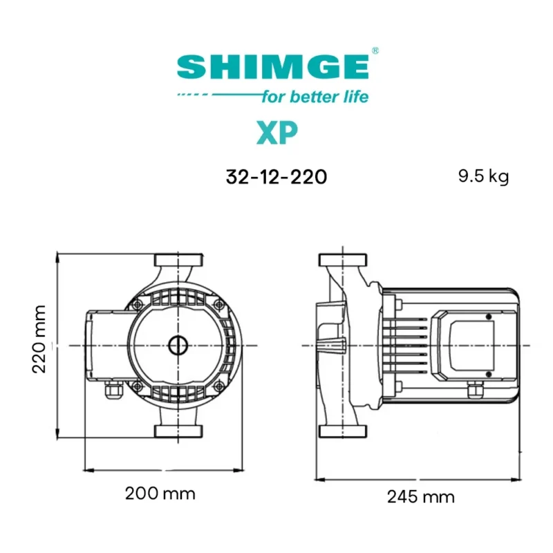 ابعاد و مشخصات پمپ سیرکولاتور شیمجه XP32-12-220
