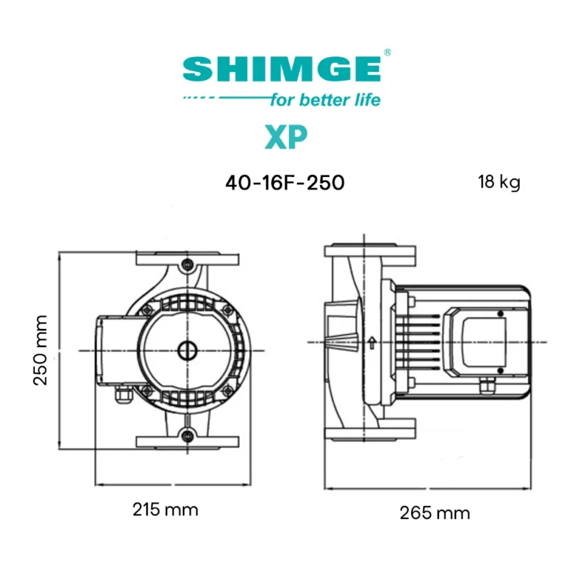 ابعاد و مشخصات پمپ سیرکولاتور شیمجه XP40-16F-250
